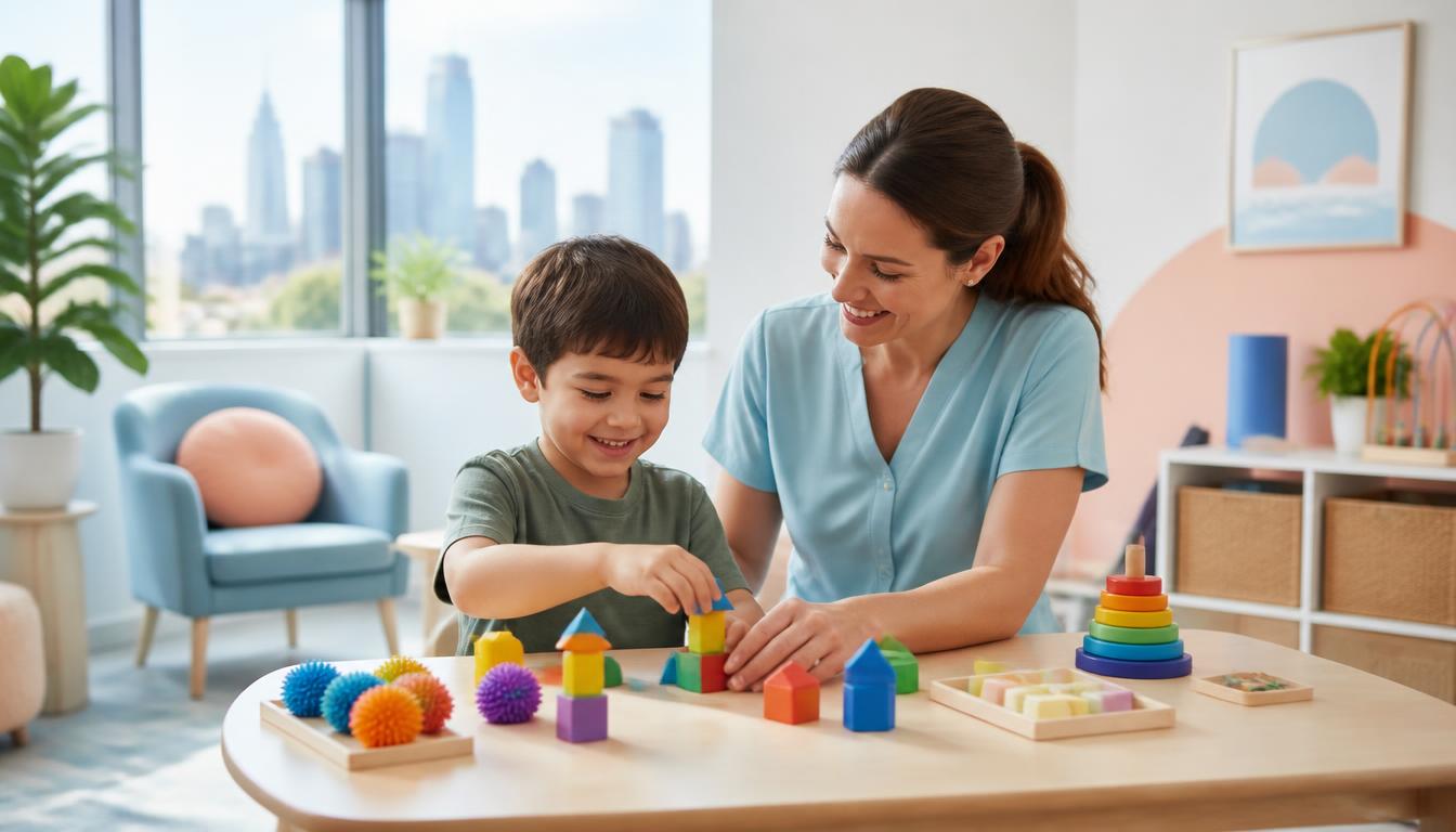 A therapist and child working together with colourful blocks at a table in a bright Melbourne therapy room